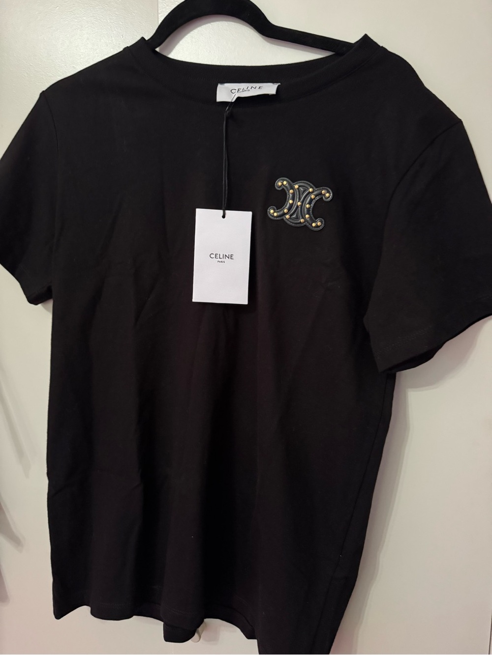 Celine Black Short-Sleeve Tee with Embellished Logo Patch